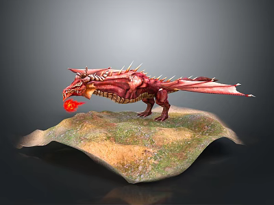 Red Spiked Dragon Breathing Fire Standing On Grass And Dirt Island 3d model