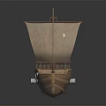 Wooden Sailing Ship With Raised Canvas Sail And Intricate Deck Structures