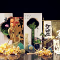 Traditional Chinese Decorative Display With Calligraphy Lotus Bamboo Fans And Golden Flowers