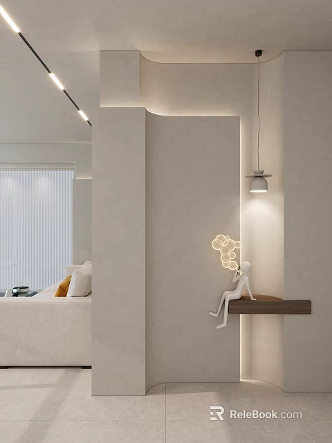 Modern Entryway Hallway Interior With Ambient Lighting Wooden Shelf Decorative Sculpture And Illuminated Flower Decor 3d model 