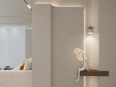 Modern Entryway Hallway Interior With Ambient Lighting Wooden Shelf Decorative Sculpture And Illuminated Flower Decor 3d model