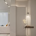 Modern Entryway Hallway Interior With Ambient Lighting Wooden Shelf Decorative Sculpture And Illuminated Flower Decor