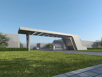 Modern Entrance Gate With Geometric Roof Structure And Green Lawn Under Clear Blue Sky 3d model