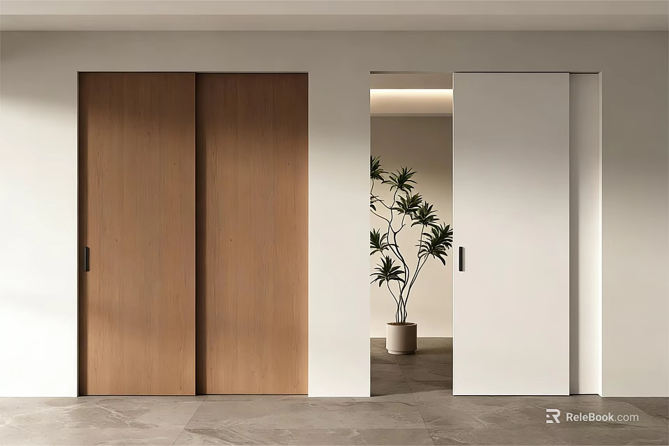Modern Wooden Brown and White Sliding Doors in Contemporary Interior with Indoor Plant 3d model 
