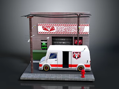 Tasty Burgers Street Food Truck Scene With Signboard Lamp Post And Fire Hydrant 3d model