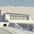 White Classical Style School Building With Columns Staircase And Front Statue Against Hills