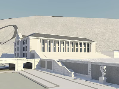White Classical Style School Building With Columns Staircase And Front Statue Against Hills 3d model