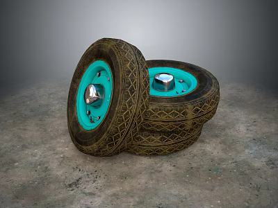 Stacked Tires With Blue Rims And Tread Patterns On Gray Floor And Walls 3d model
