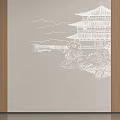 Beige Background Wall With White Line Drawing Of Traditional Chinese Architecture Landscape Elements Wooden Frames