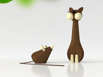 Wooden Cat And Mouse Decorative Ornament Set With Minimalist Design On White Background 3d model