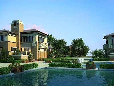 Villa Scene White Villa Garden Landscape Residential Scene European Villa Real Estate Animation Community Landscape Plants Grass Lawn 3d model