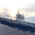 Naval Aircraft Carrier Sailing On Open Sea With Flight Deck And Military Gear