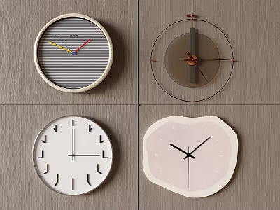 Four Different Designed Clocks Hanging On Gray Wall Modern Style Decorative Home Decor 3d model