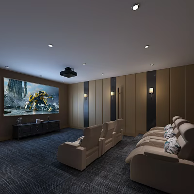 Home Theater Room With Large Screen Projector Comfortable Recliner Seats Wall Sconces And Dark Carpet 3d model