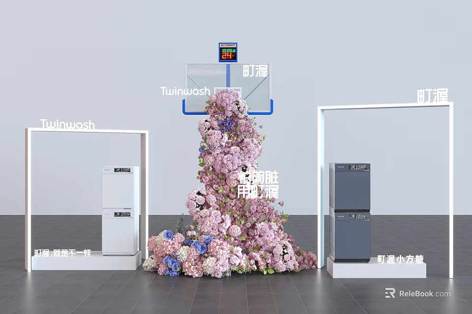 Elegant Shopping Mall Lobby With Large Tulip Flower Arrangement And White Display Stands 3d model 