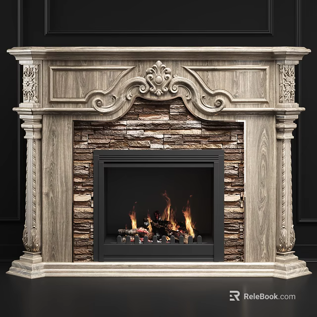 Classic Carved Wooden Fireplace With Stone Wall And Burning Fire Inside 3d model 
