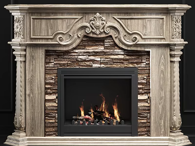 Classic Carved Wooden Fireplace With Stone Wall And Burning Fire Inside 3d model