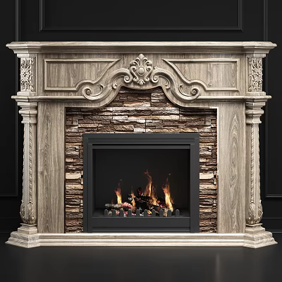 Classic Carved Wooden Fireplace With Stone Wall And Burning Fire Inside 3d model