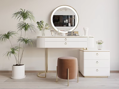 Elegant Modern Dressing Table With Round Mirror Brown Stool And Potted Plant 3d model