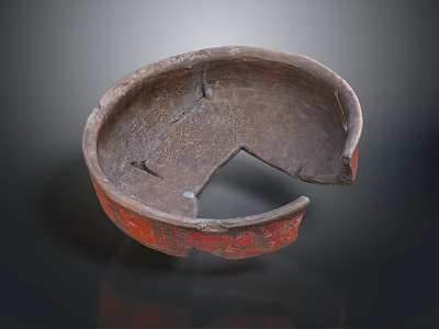 Ancient Carved Pottery Sculpture With Broken Edges Brown Red Surface And Patterns 3d model