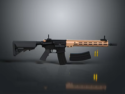 Modern Tactical Rifle with Black and Brown Body Design Displayed with Bullets 3d model