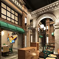 Traditional Restaurant Exterior With Brick Wall Green Awning Red Decorations And Entrance Design