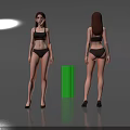 Woman In Black Lingerie And High Heels Showing Front And Back Views On Gray Background