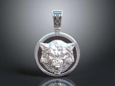 Intricate Silver Wolf Head Sculpture Pendant With Circular Decorative Border Detail 3d model