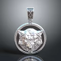 Intricate Silver Wolf Head Sculpture Pendant With Circular Decorative Border Detail