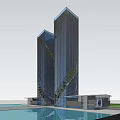 Modern Twin Office Towers With Glass Facade Connecting Structure Waterfront And Greenery