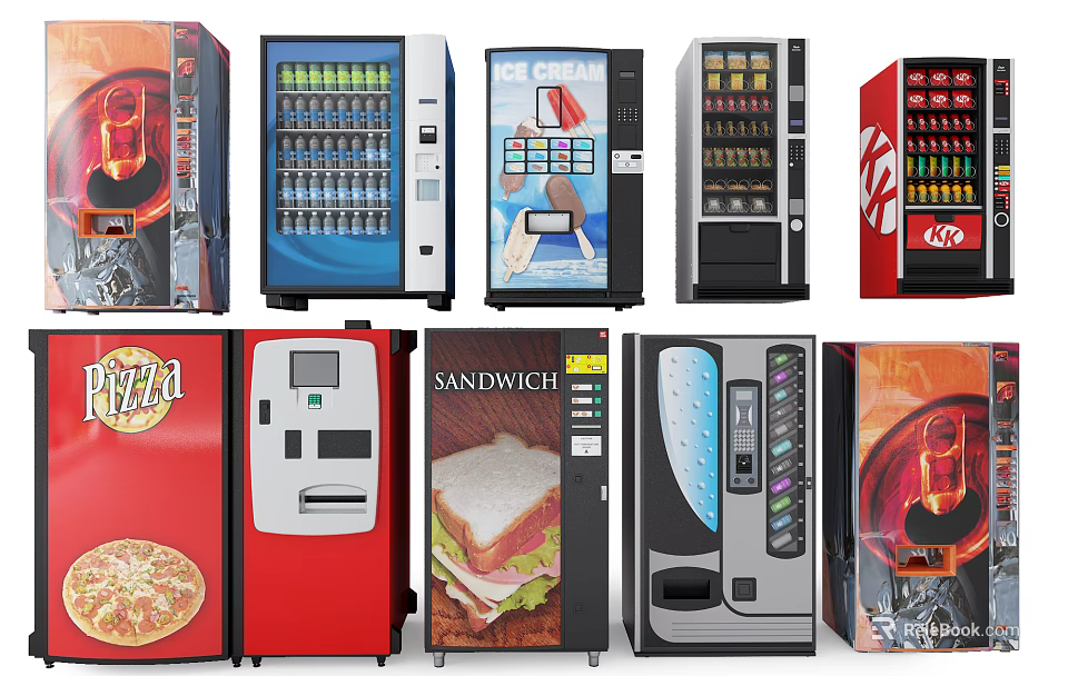 Commercial Equipment Featuring Various Vending Machines Pizza Sandwich And Beverage Models 3d model 
