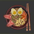 Delicious Ramen With Soft Boiled Eggs Pork Slices Vegetables In Black Bowl And Wooden Chopsticks