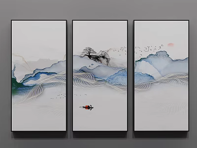 Three Panel Ink Wash Landscape Painting With Mountains Waves Boat Flying Birds And Red Sun 3d model