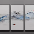 Three Panel Ink Wash Landscape Painting With Mountains Waves Boat Flying Birds And Red Sun