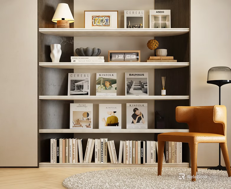 Modern Dark Brown Bookshelf With Books Photo Frames Decor Items And Brown Chair Floor Lamp 3d model 