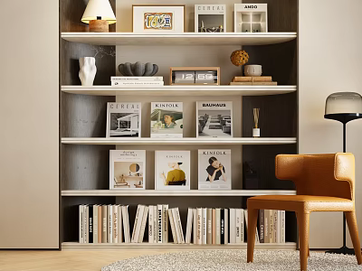 Modern Dark Brown Bookshelf With Books Photo Frames Decor Items And Brown Chair Floor Lamp 3d model