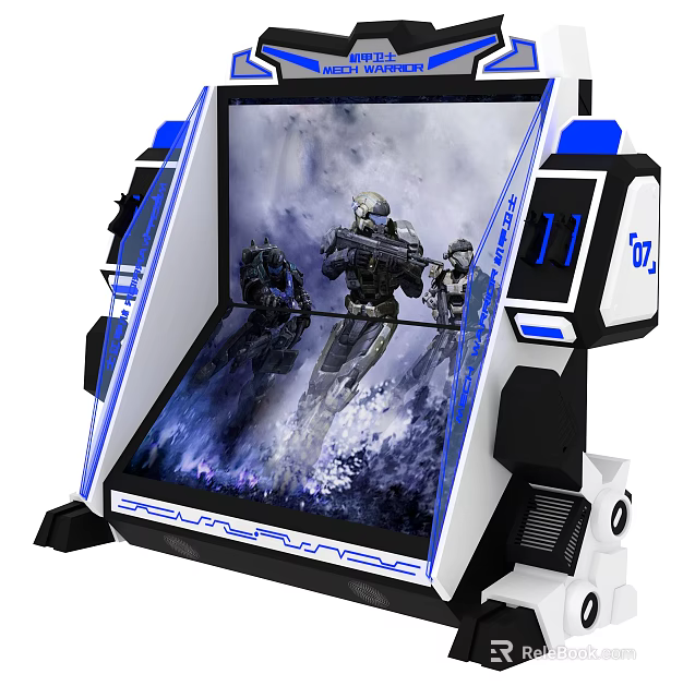 Halo Themed Arcade Gaming Machine With Spartan Soldiers On Screen Blue White Design 117 3d model 