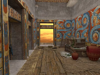 Ancient Egyptian Tomb Interior With Colorful Murals Wooden Floor Clay Jars And Stone Sarcophagus 3d model