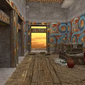 Ancient Egyptian Tomb Interior With Colorful Murals Wooden Floor Clay Jars And Stone Sarcophagus