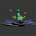 Colorful Cartoon Scene Featuring Flower With White Petals Blue Center And Green Spinning Character