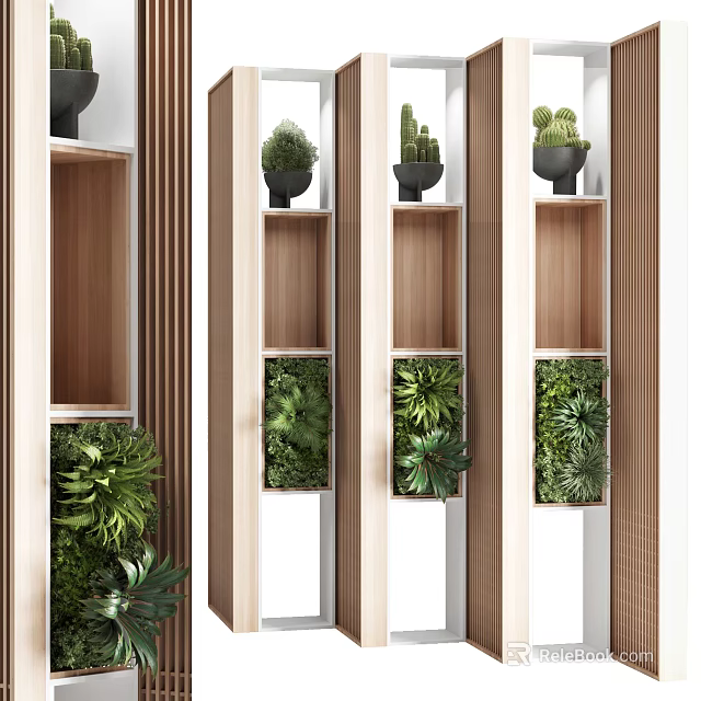 Wooden Room Divider With Shelves And Potted Green Plants For Interior Design 3d model 