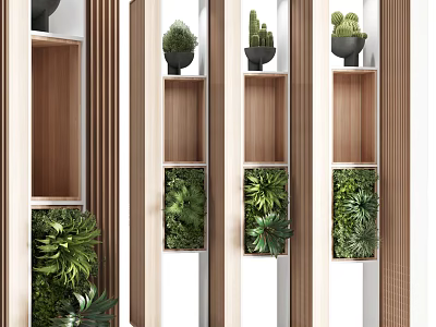 Wooden Room Divider With Shelves And Potted Green Plants For Interior Design 3d model