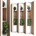 Wooden Room Divider With Shelves And Potted Green Plants For Interior Design