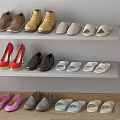 Different Types of Shoes Including Heels Flats and Slippers Display on Multiple Shelves
