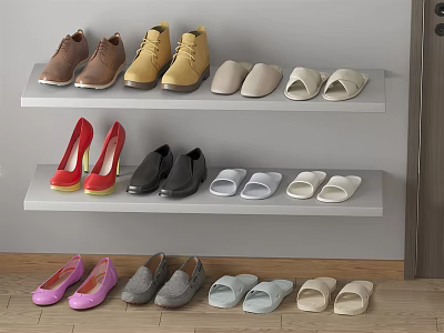 Different Types of Shoes Including Heels Flats and Slippers Display on Multiple Shelves 3d model