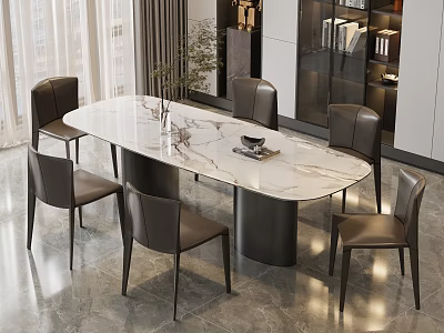 Modern Oval Dining Table Set With Marble Top And Six Leather Chairs 3d model