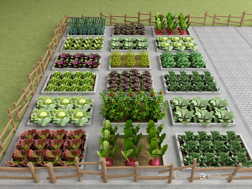 Charming Vegetable Garden Landscape With Raised Beds Wooden Fence And Diverse Plants 3d model 