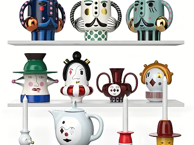 Creative Human Shaped Ceramic Wares With Colorful Designs On Shelf 3d model