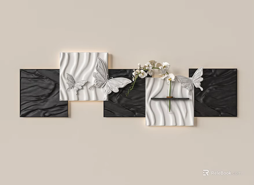 Black And White Wall Decor With Butterfly Design Wavy Panels And Flower Elements 3d model 