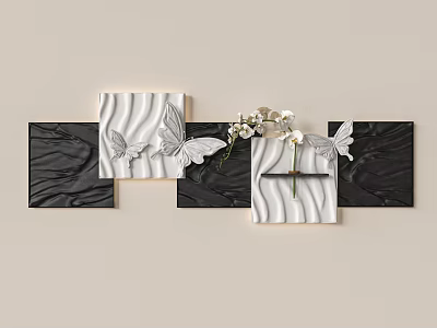 Black And White Wall Decor With Butterfly Design Wavy Panels And Flower Elements 3d model